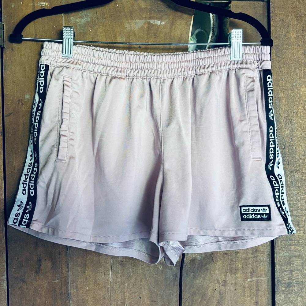 Adidas Women's Light Pink soft Satin Champagne Rose’ Athletic Shorts Sz L